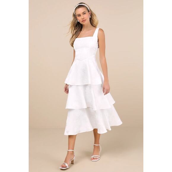 Lulus “Elinore” White Floral Jacquard Tiered Midi Dress – XS NWT - Picture 1 of 7